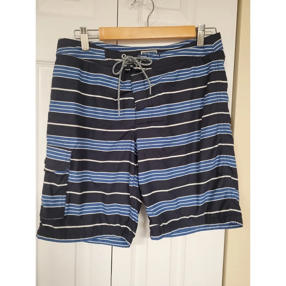J CREW Mens Striped Long Board Shorts Swim Trunks Blue/White Mesh Lined Size‎ 31